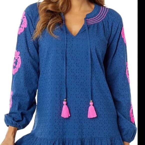 Lilly Pulitzer EUC Lucee Dress Oyster Bay Navy Bayside Eyelet Size L ($228 New) - Picture 4 of 16